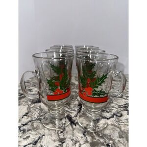 Vintage Libbey Holly & Berry Red Ribbon Irish Coffee Glass Mugs - Set of 8